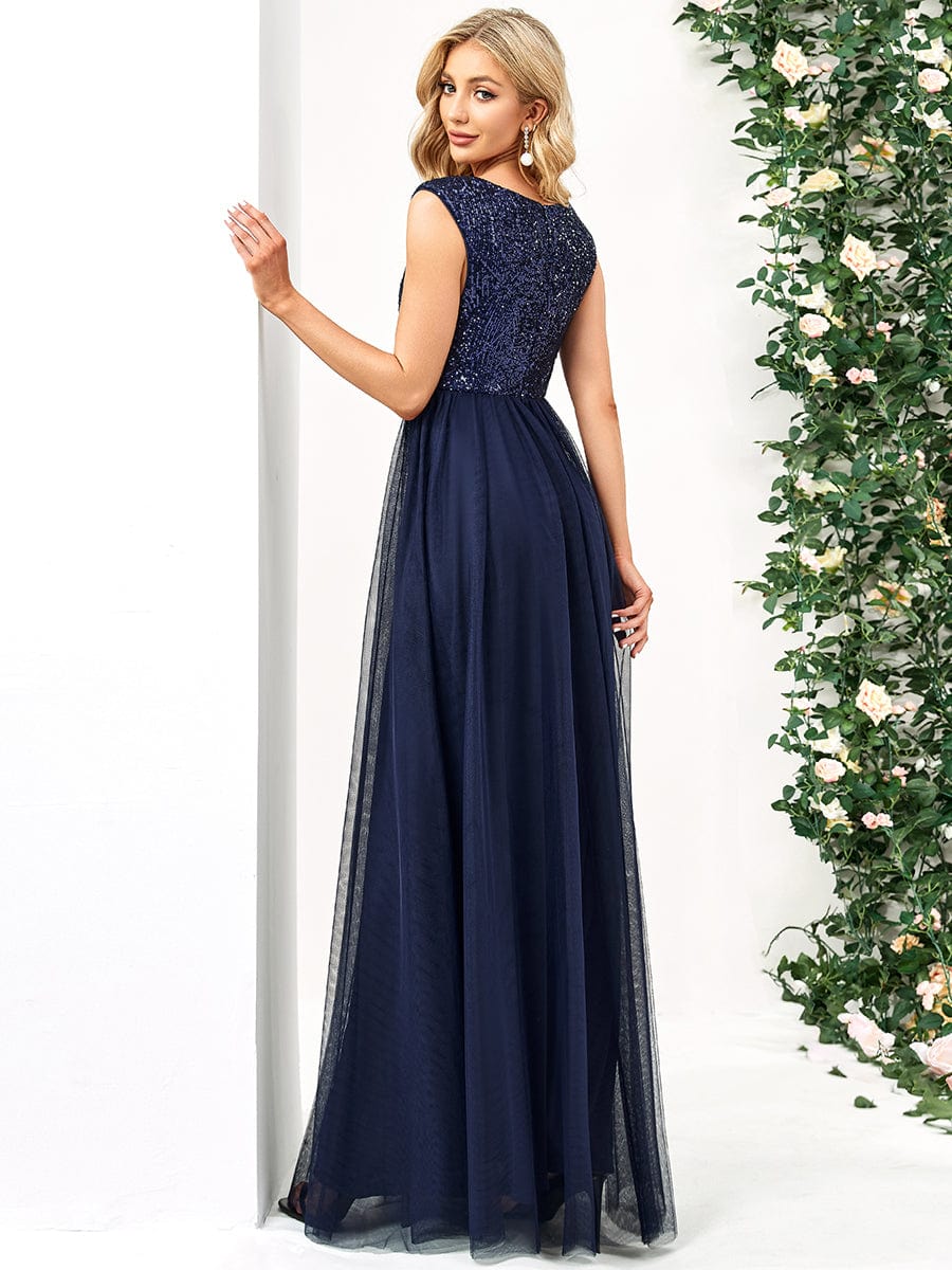 Sleeveless Sequin V-Neck Pleated Long Evening Dress #color_Navy Blue