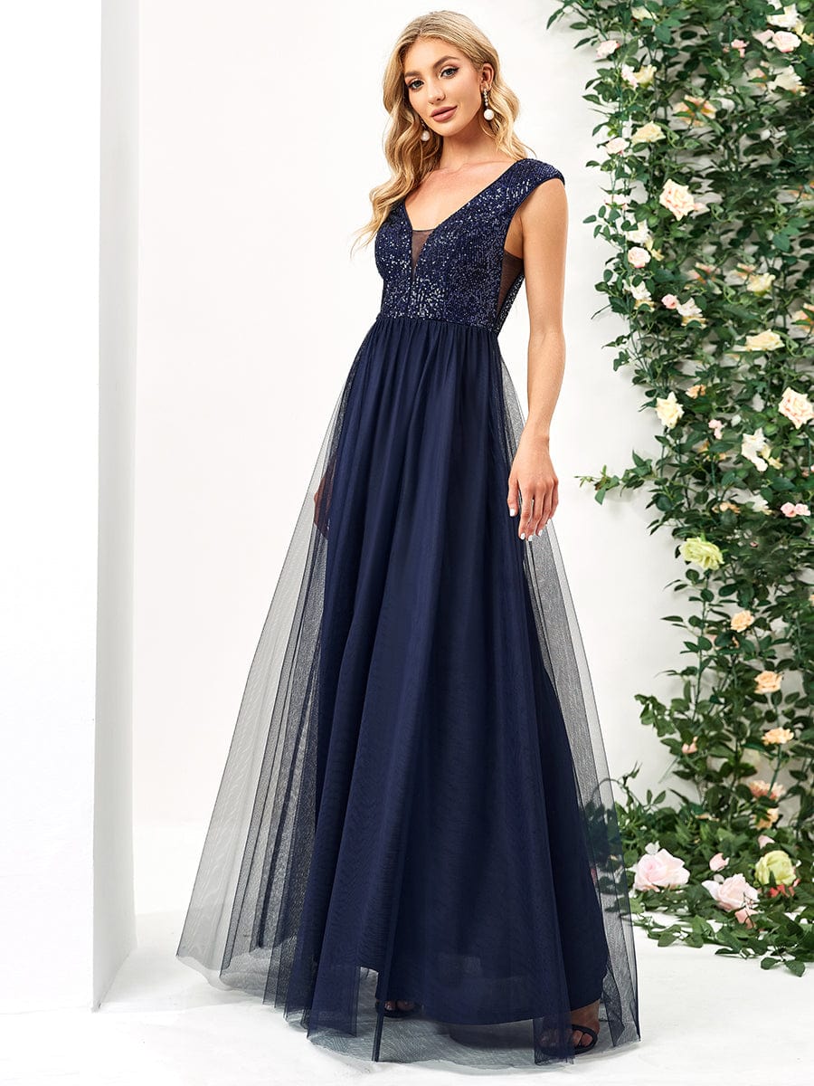 Sleeveless Sequin V-Neck Pleated Long Evening Dress #color_Navy Blue