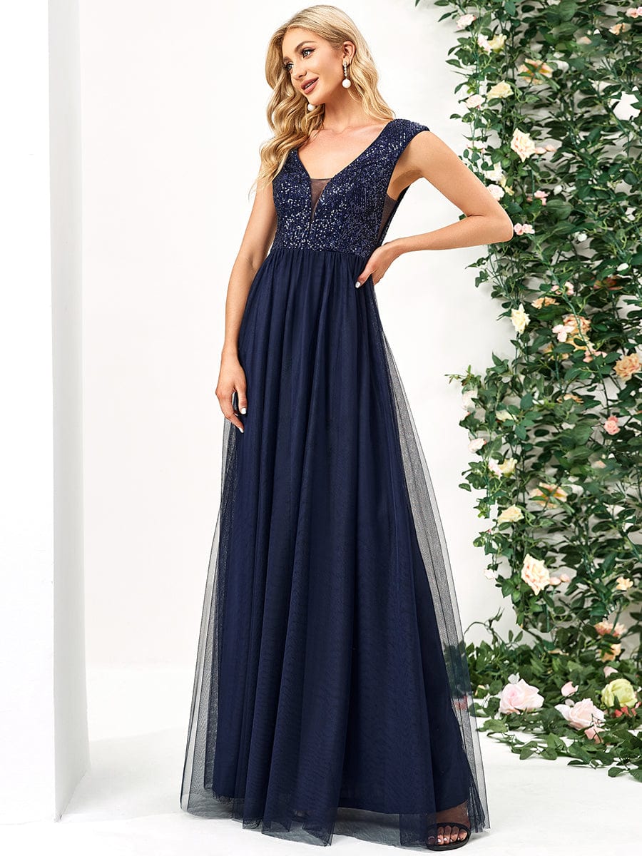 Sleeveless Sequin V-Neck Pleated Long Evening Dress #color_Navy Blue