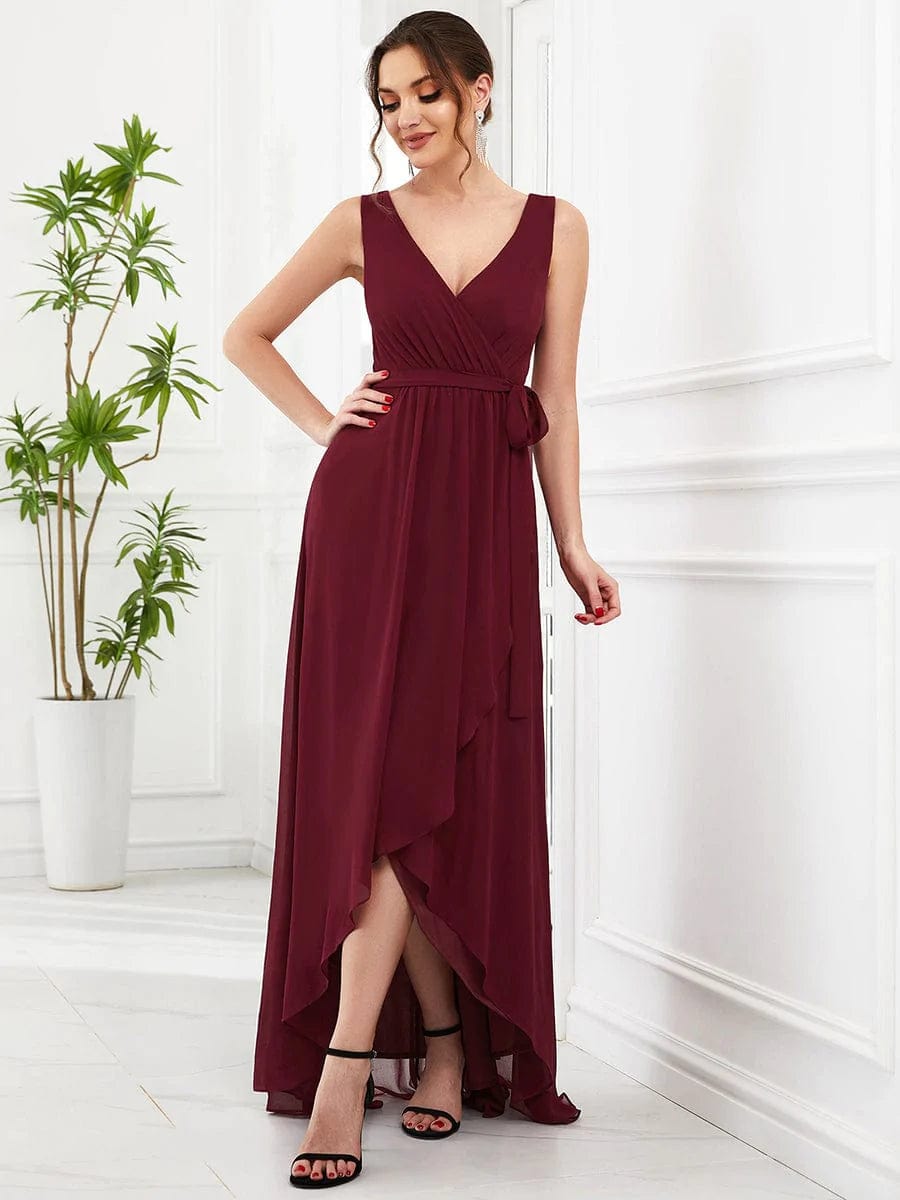 Sleeveless V-Neck Chiffon A-Line Layered Front Slit Evening Dress #Color_Burgundy