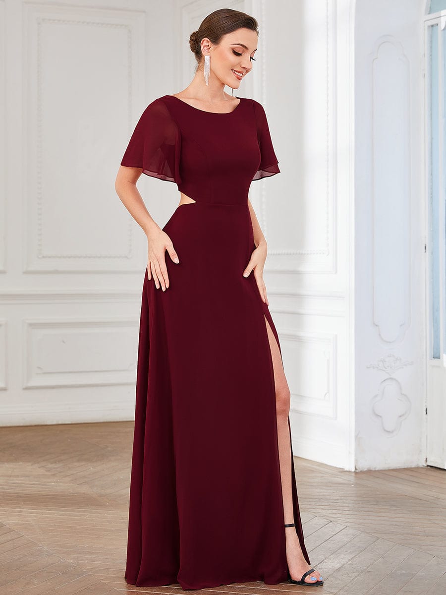 High Slit Flutter Sleeve Lace Up Chiffon Evening Dress #Color_Burgundy