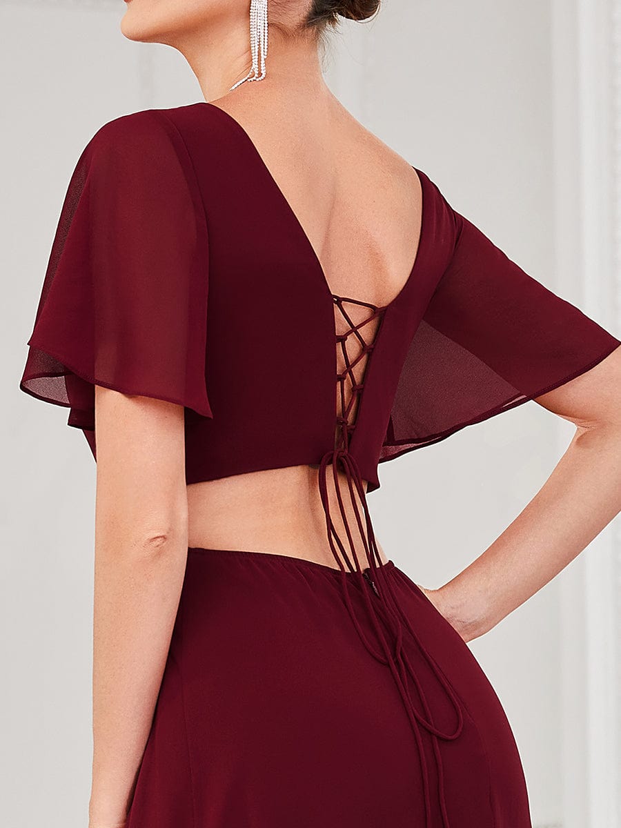 High Slit Flutter Sleeve Lace Up Chiffon Evening Dress #Color_Burgundy