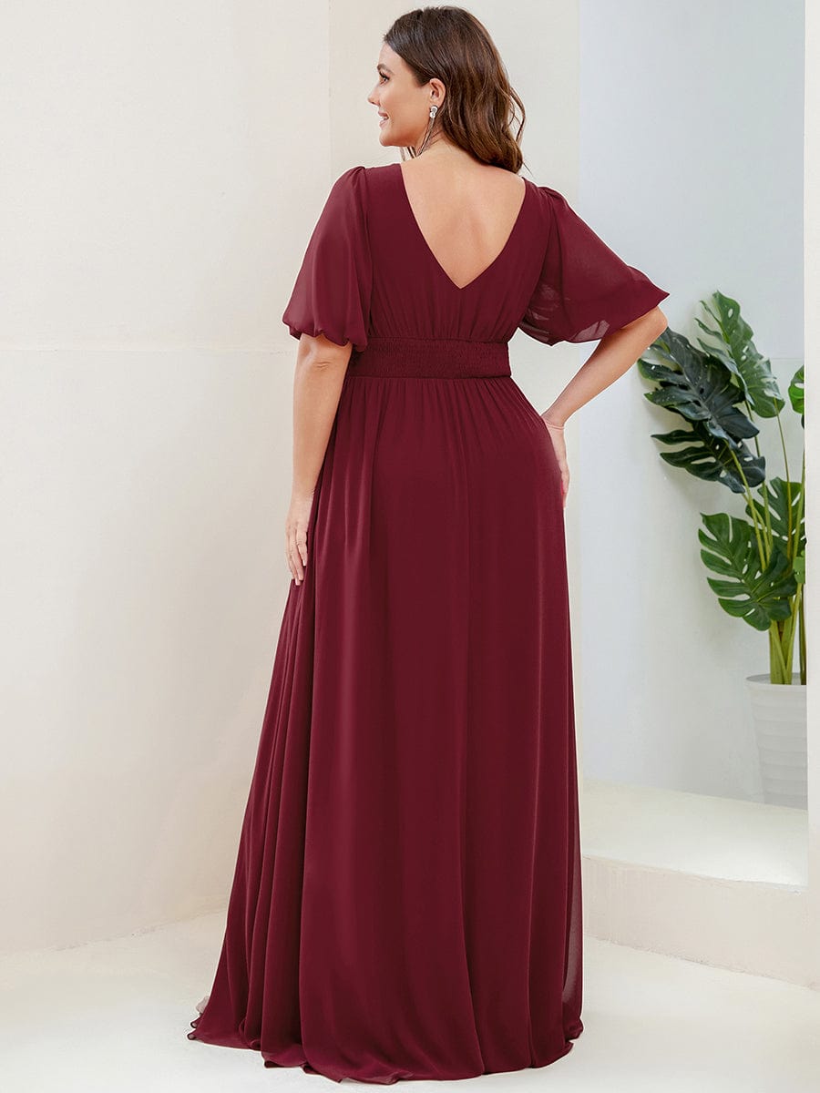 Short Sleeve V-Neck Front Slit Chiffon Evening Dress #Color_Burgundy