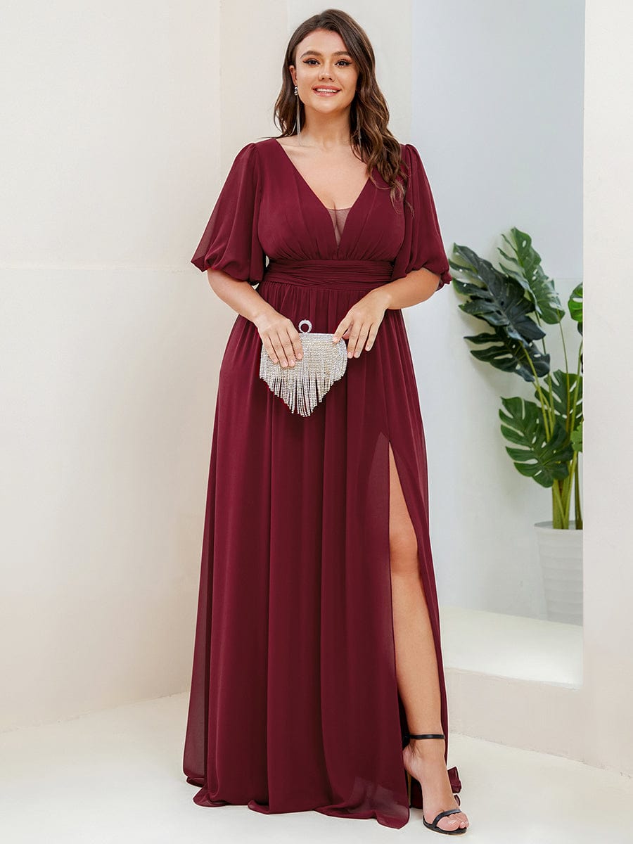 Short Sleeve V-Neck Front Slit Chiffon Evening Dress #Color_Burgundy