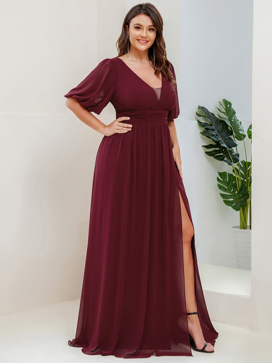 Short Sleeve V-Neck Front Slit Chiffon Evening Dress #Color_Burgundy