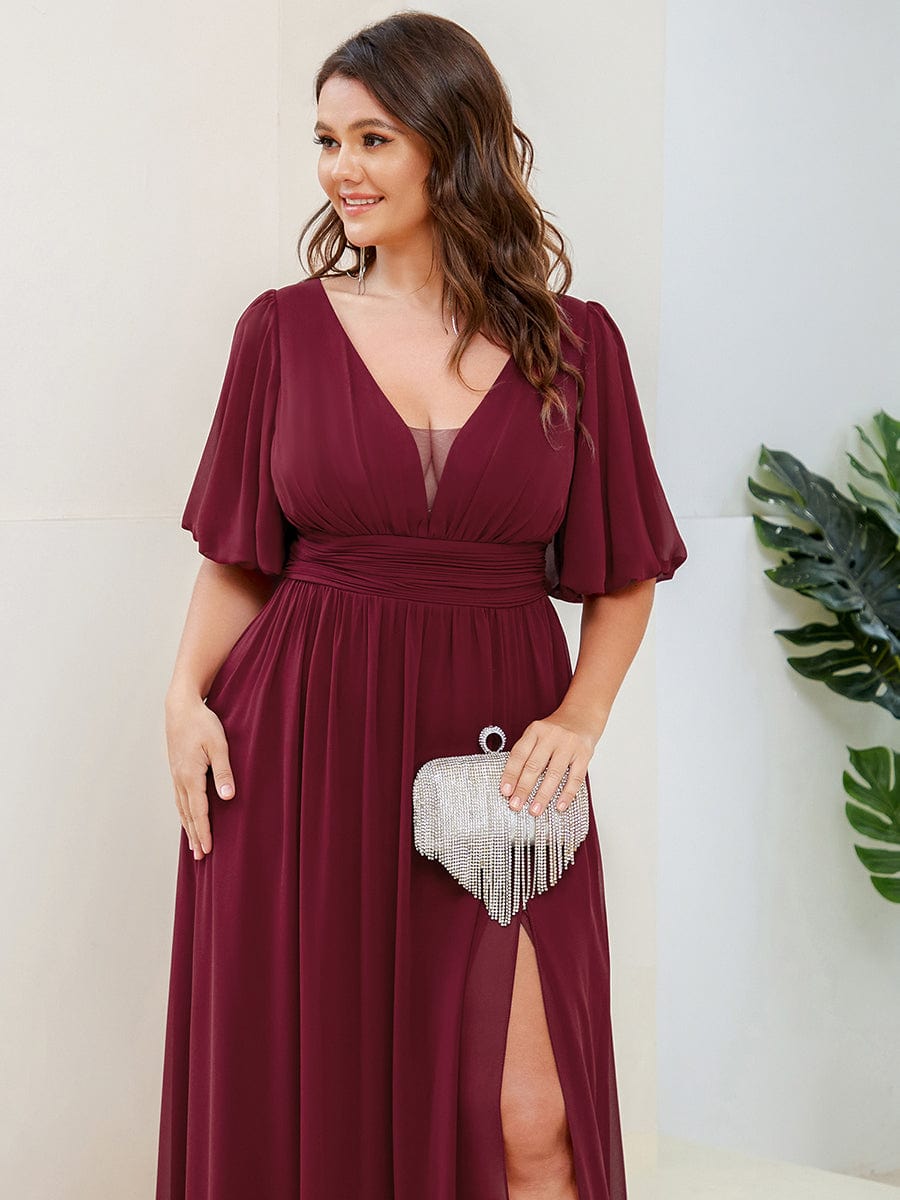 Short Sleeve V-Neck Front Slit Chiffon Evening Dress #Color_Burgundy