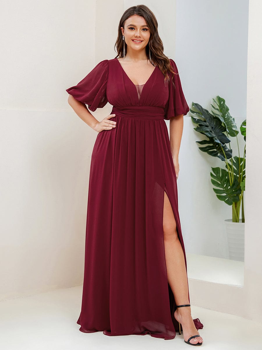 Short Sleeve V-Neck Front Slit Chiffon Evening Dress #Color_Burgundy