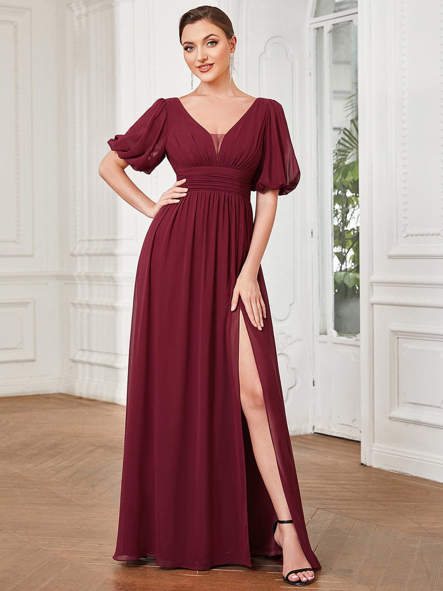 Custom Size Short Sleeve V-Neck Front Slit Chiffon Evening Dress #Color_Burgundy