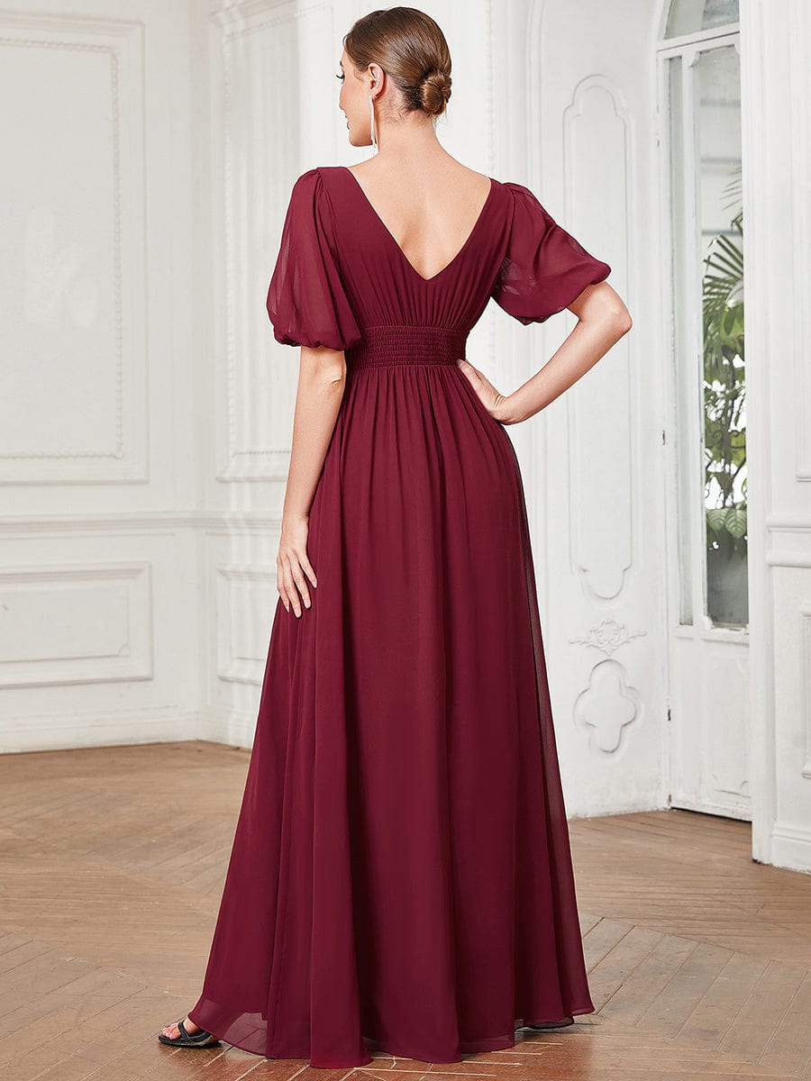 Custom Size Short Sleeve V-Neck Front Slit Chiffon Evening Dress #Color_Burgundy