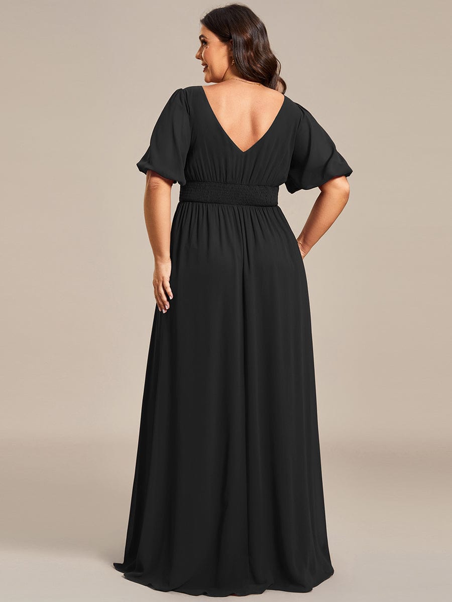 Short Sleeve V-Neck Front Slit Chiffon Evening Dress #Color_Black