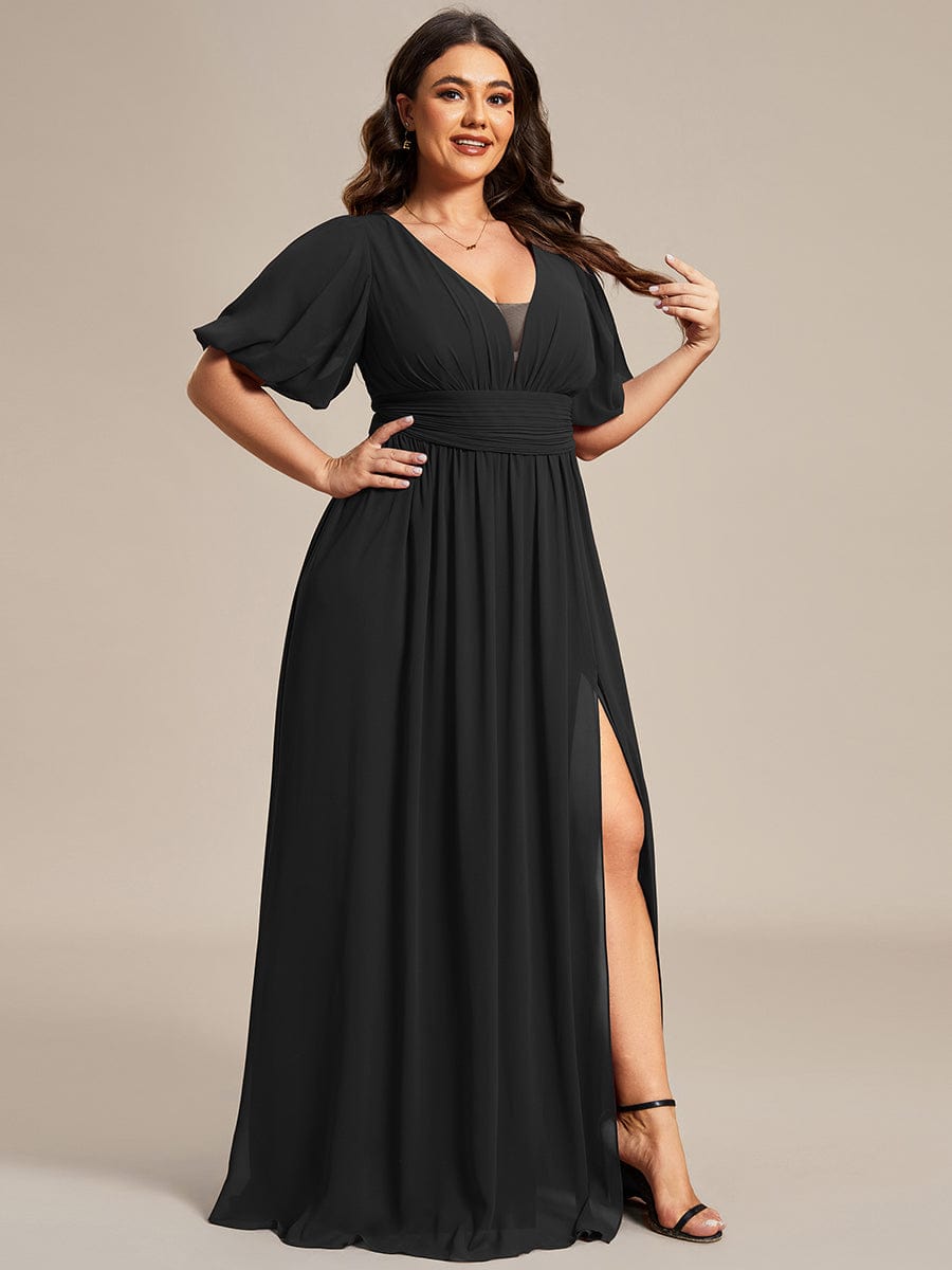 Short Sleeve V-Neck Front Slit Chiffon Evening Dress #Color_Black