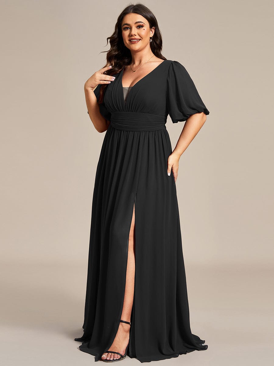 Short Sleeve V-Neck Front Slit Chiffon Evening Dress #Color_Black