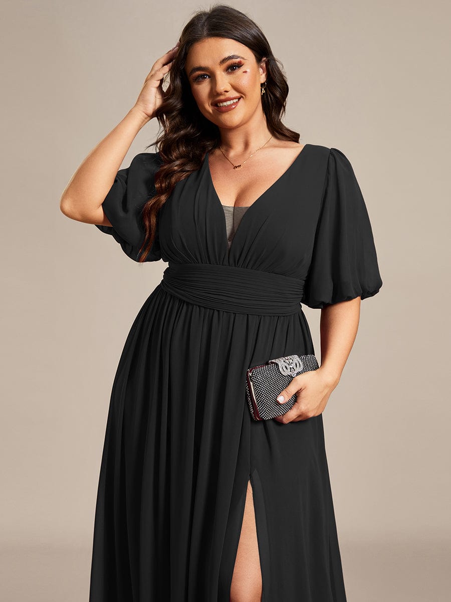 Short Sleeve V-Neck Front Slit Chiffon Evening Dress #Color_Black