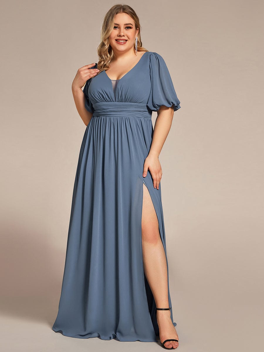 Short Sleeve V-Neck Front Slit Chiffon Evening Dress #Color_Dusty Navy