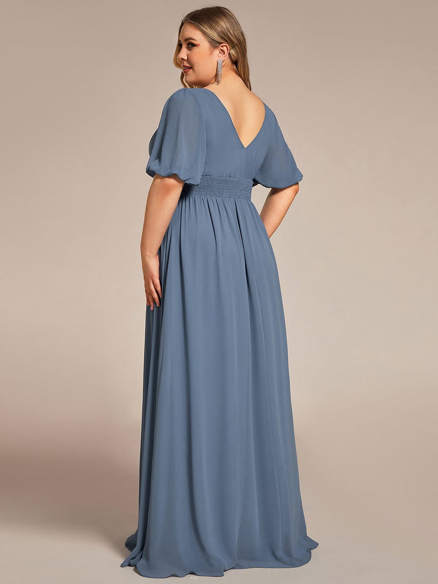 Short Sleeve V-Neck Front Slit Chiffon Evening Dress #Color_Dusty Navy