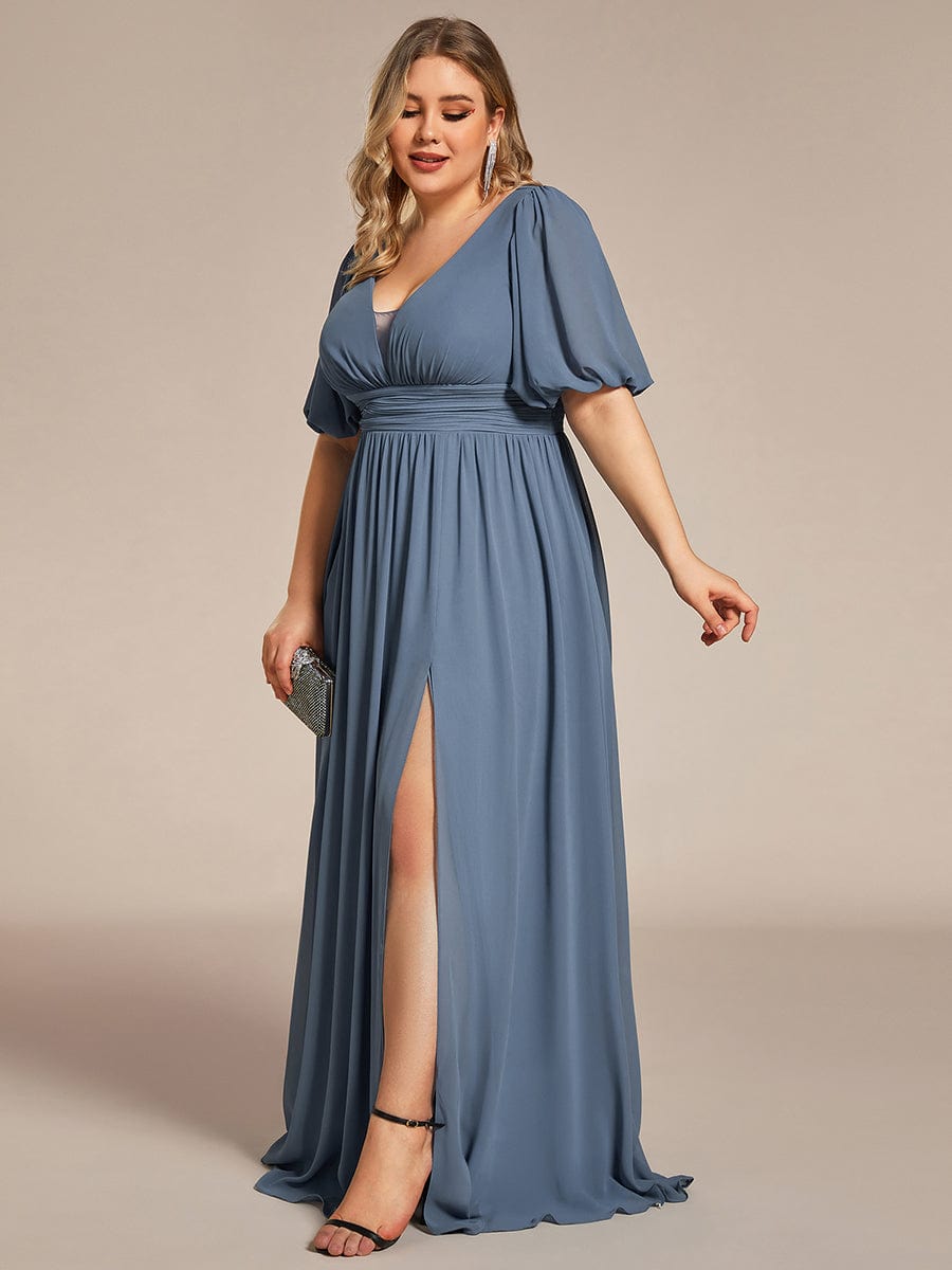 Short Sleeve V-Neck Front Slit Chiffon Evening Dress #Color_Dusty Navy