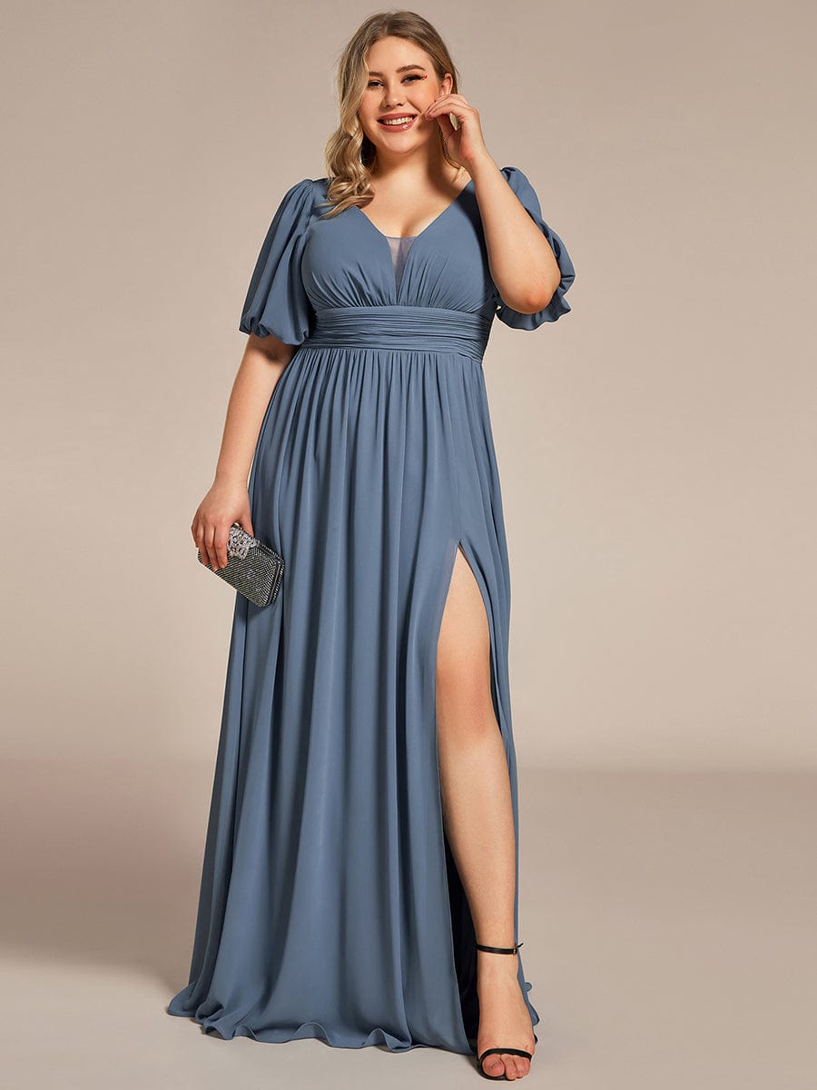 Short Sleeve V-Neck Front Slit Chiffon Evening Dress #Color_Dusty Navy