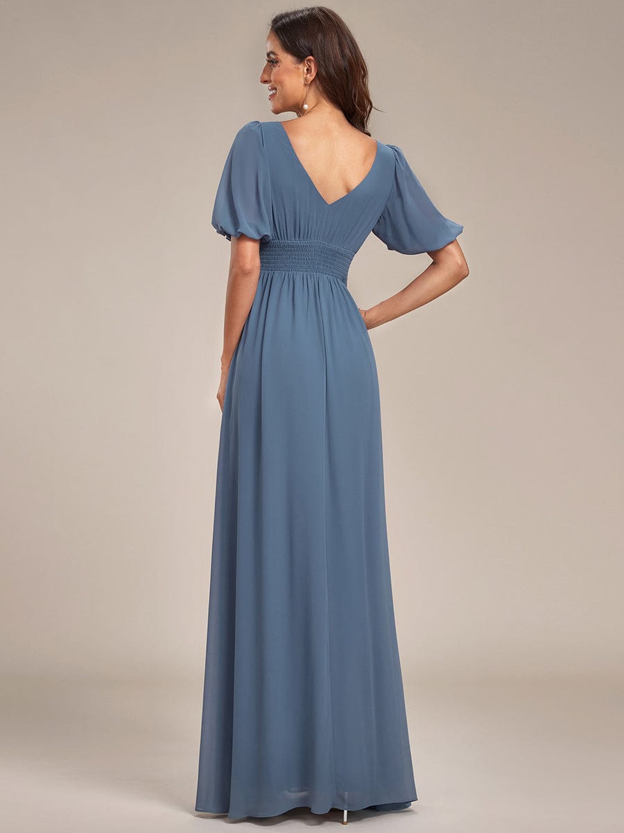 Short Sleeve V-Neck Front Slit Chiffon Evening Dress #Color_Dusty Navy