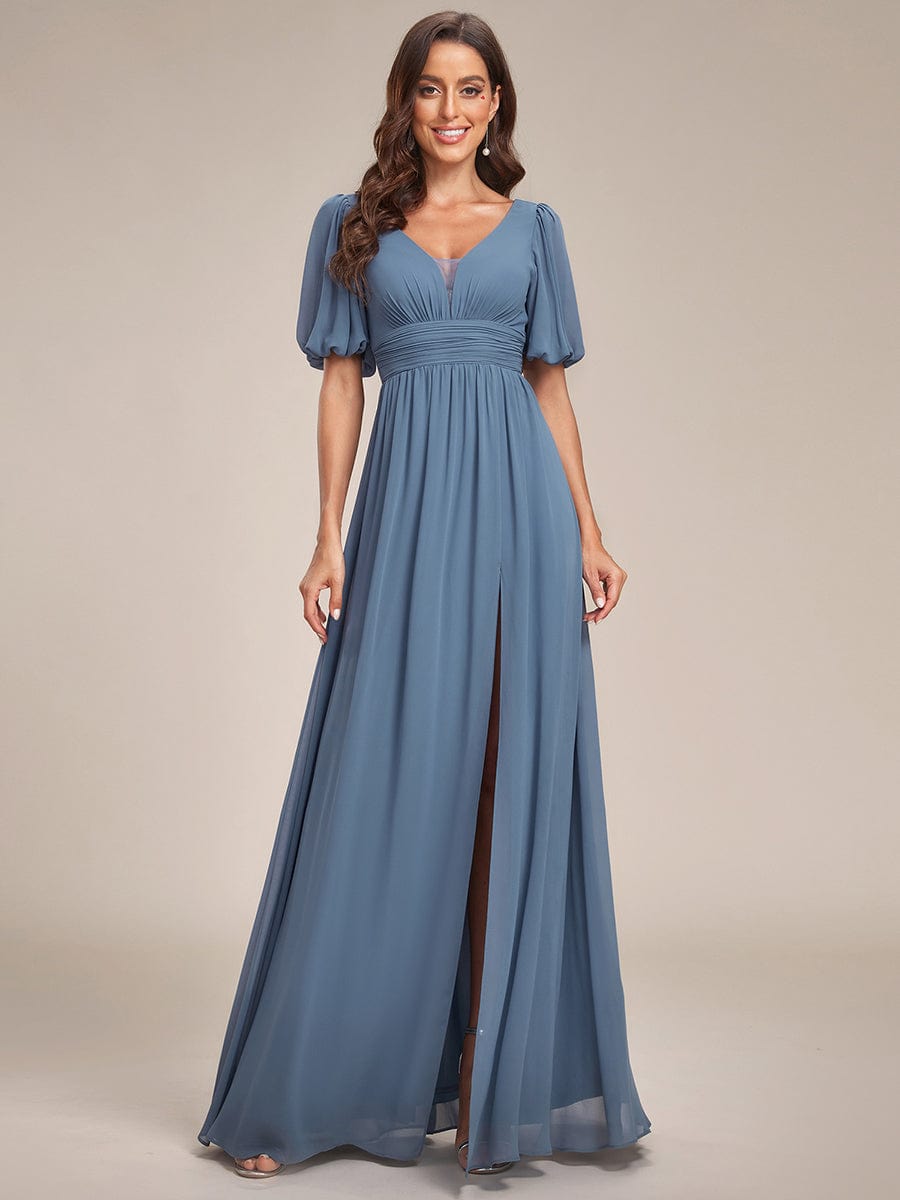 Short Sleeve V-Neck Front Slit Chiffon Evening Dress #Color_Dusty Navy