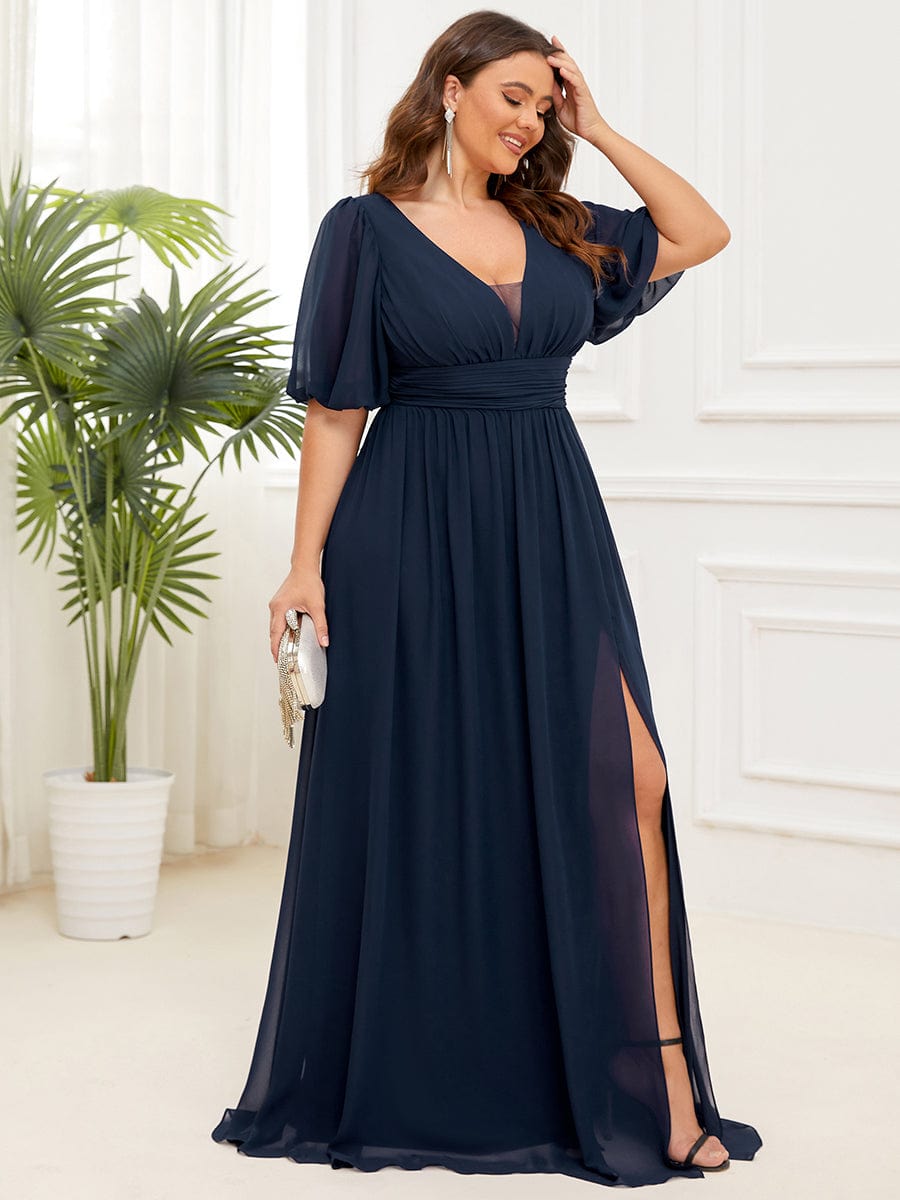 Short Sleeve V-Neck Front Slit Chiffon Evening Dress #Color_Navy Blue