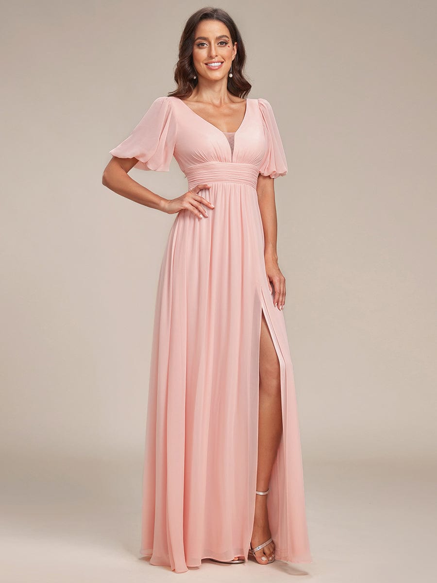 Short Sleeve V-Neck Front Slit Chiffon Evening Dress #Color_Pink