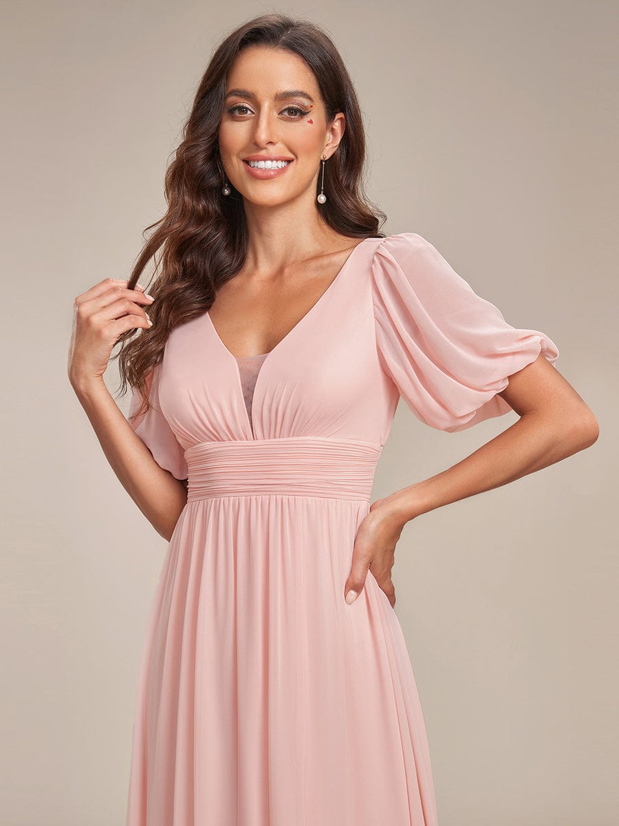 Short Sleeve V-Neck Front Slit Chiffon Evening Dress #Color_Pink