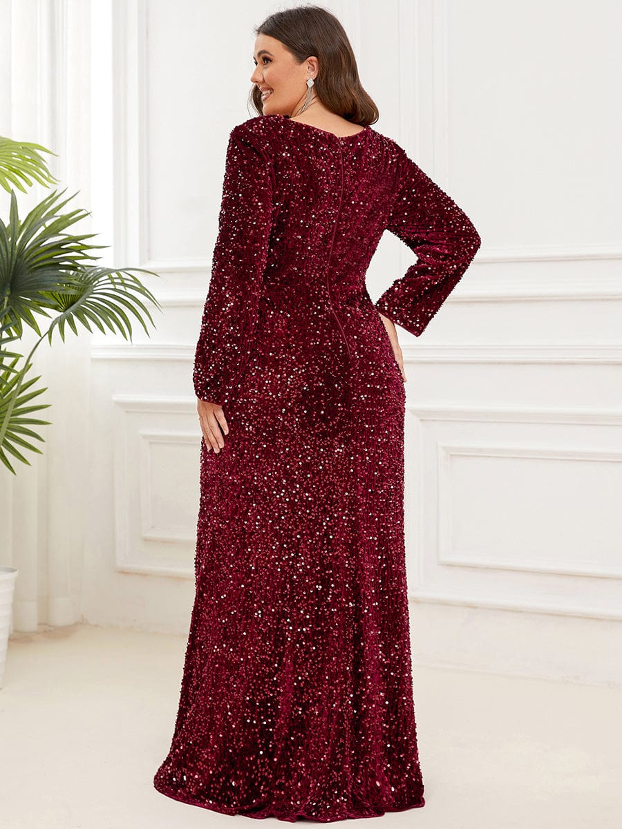 Sweetheart Long Sleeve Sequin Front Slit Bodycon Evening Dress #Color_Burgundy