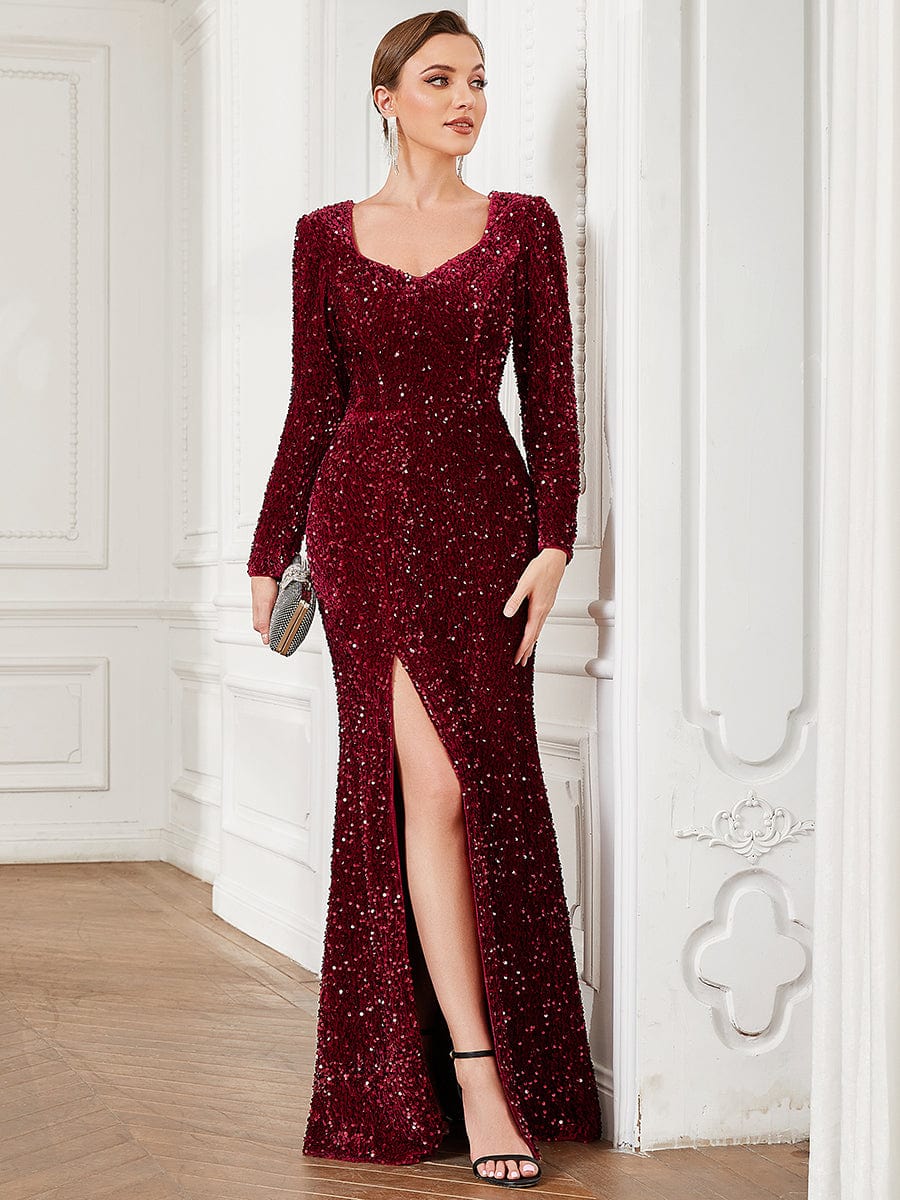 Sweetheart Long Sleeve Sequin Front Slit Bodycon Evening Dress #Color_Burgundy