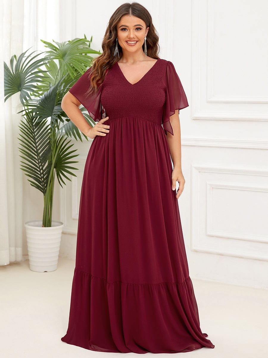 Short Sleeve V-Neck Shirred A-Line Evening Dress #Color_Burgundy
