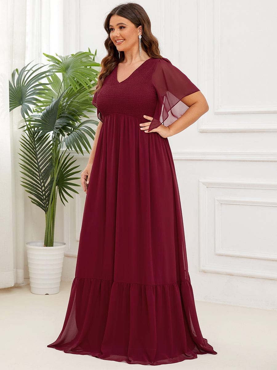 Plus Size Chiffon V-neck Ruffles Sleeve Evening Dress #Color_Burgundy