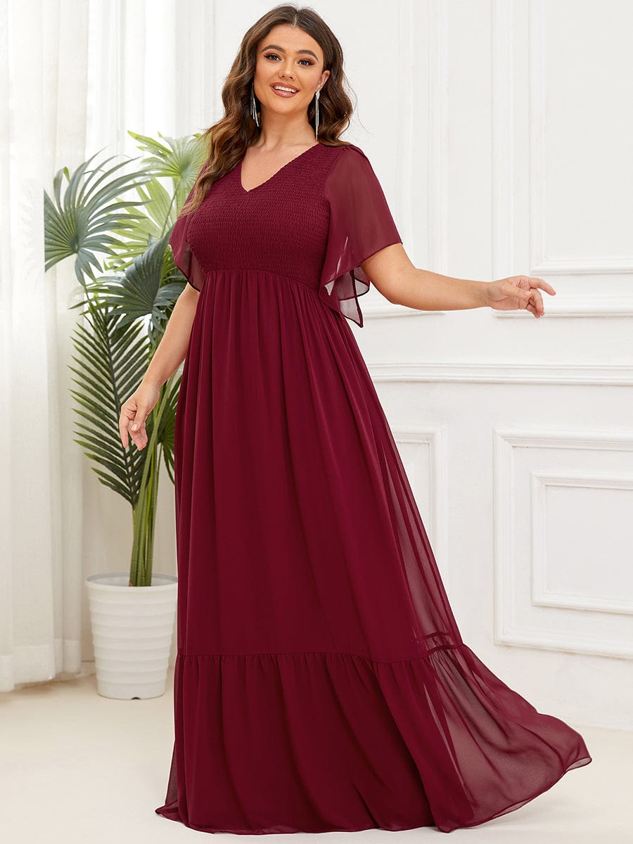 Plus Size Chiffon V-neck Ruffles Sleeve Evening Dress #Color_Burgundy