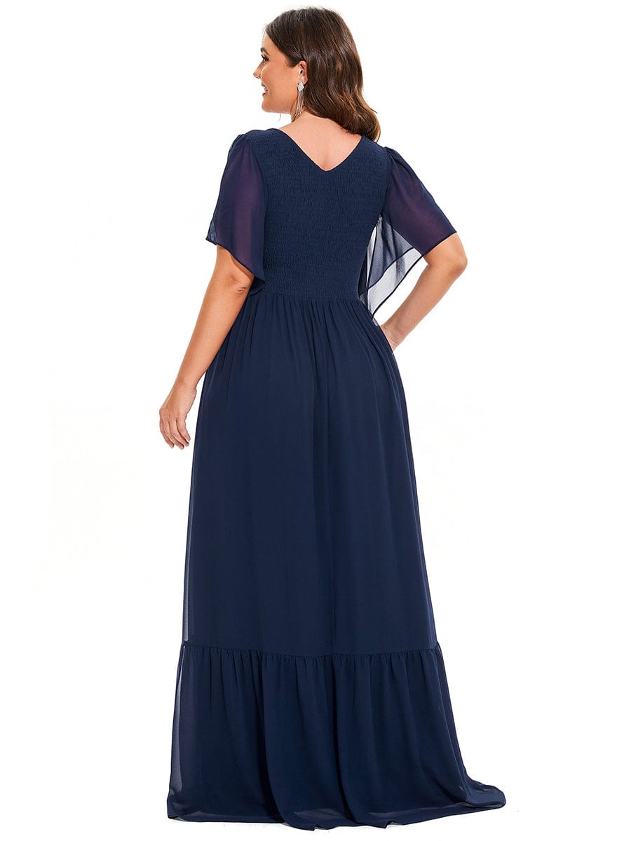Short Sleeve V-Neck Shirred A-Line Evening Dress #Color_Navy Blue