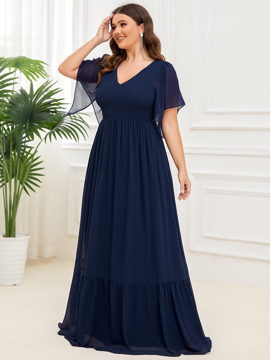 Plus Size Chiffon V-neck Ruffles Sleeve Evening Dress #Color_Navy Blue