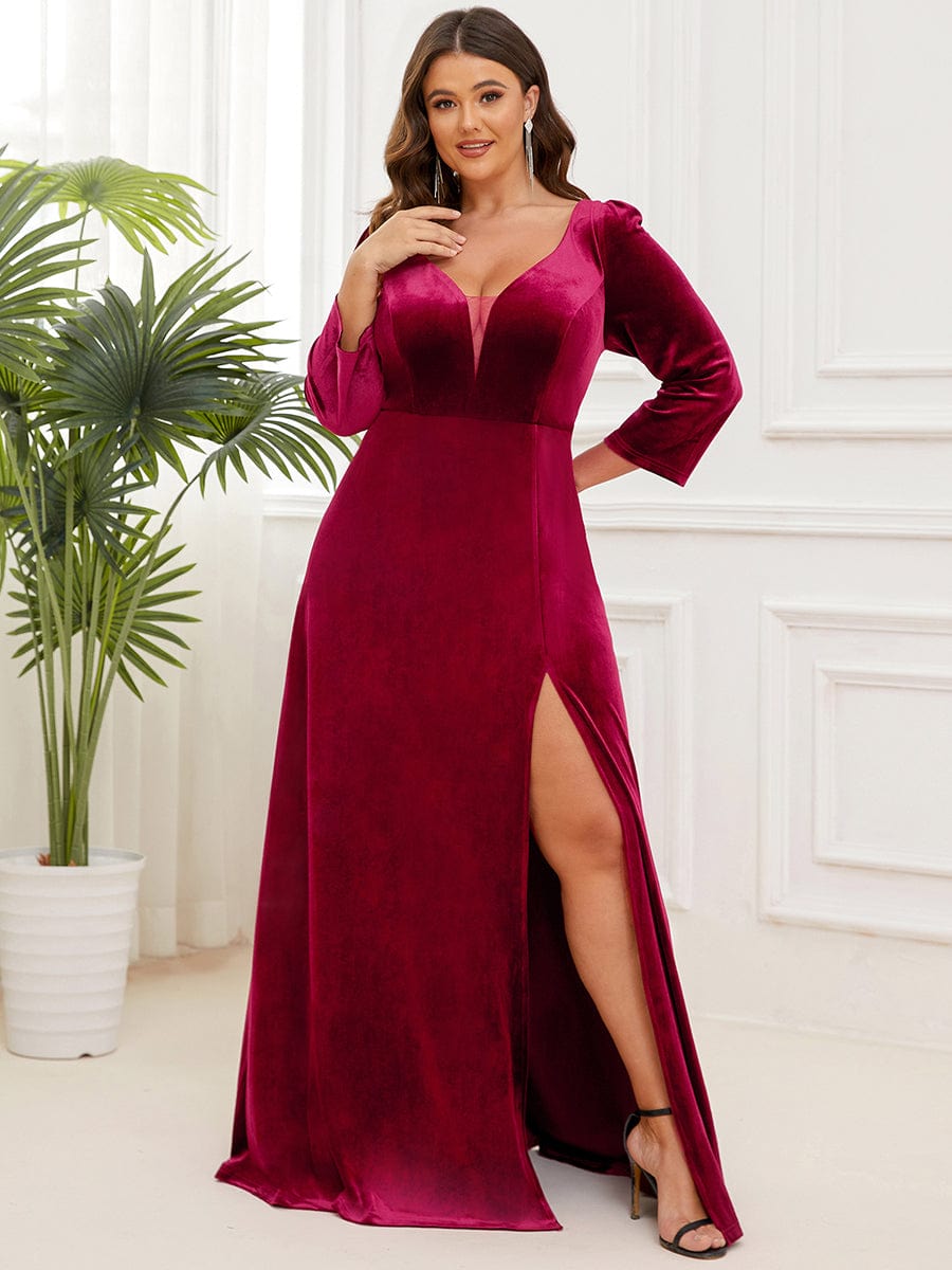 Velvet Plunging V Neck Front Slit 3 4 Sleeve A Line Evening Dress Final Sale