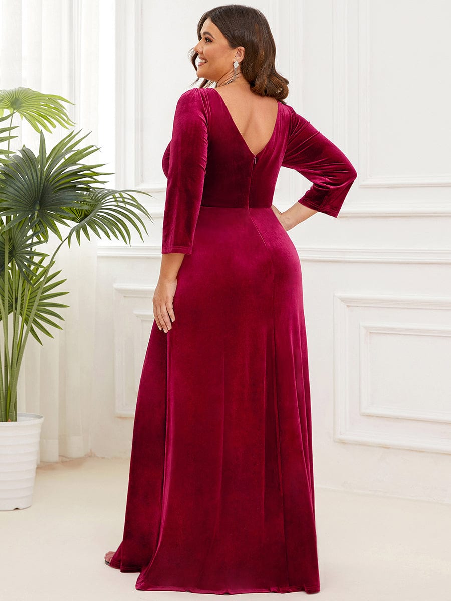 Velvet Plunging V-Neck Front Slit 3/4 Sleeve A-Line Evening Dress #Color_Burgundy