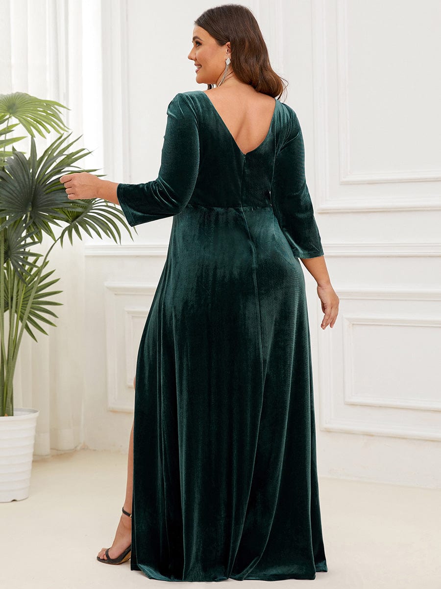 Velvet Plunging V-Neck Front Slit 3/4 Sleeve A-Line Evening Dress #Color_Dark Green