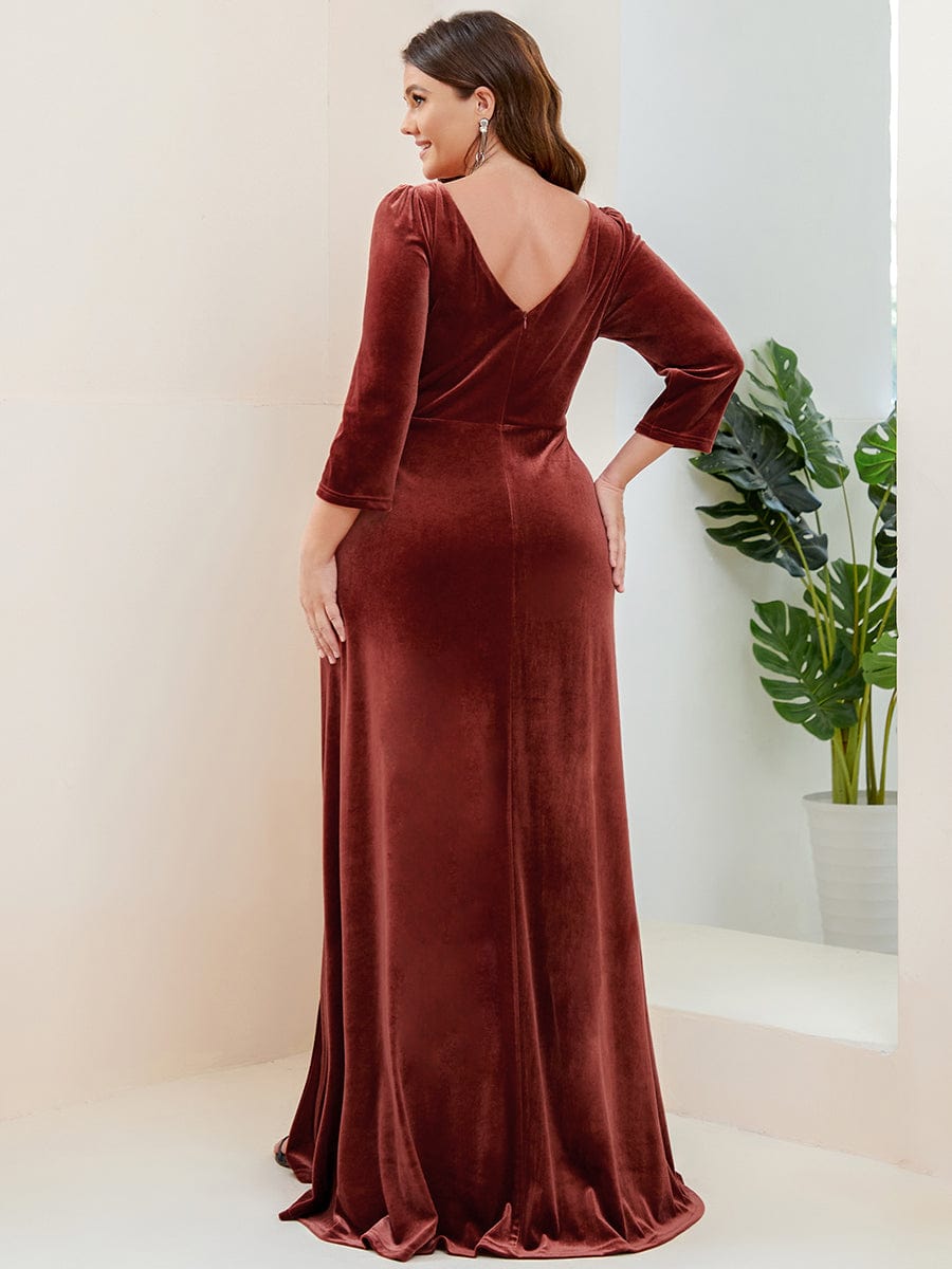 Velvet Plunging V-Neck Front Slit 3/4 Sleeve A-Line Evening Dress #Color_Brick Red