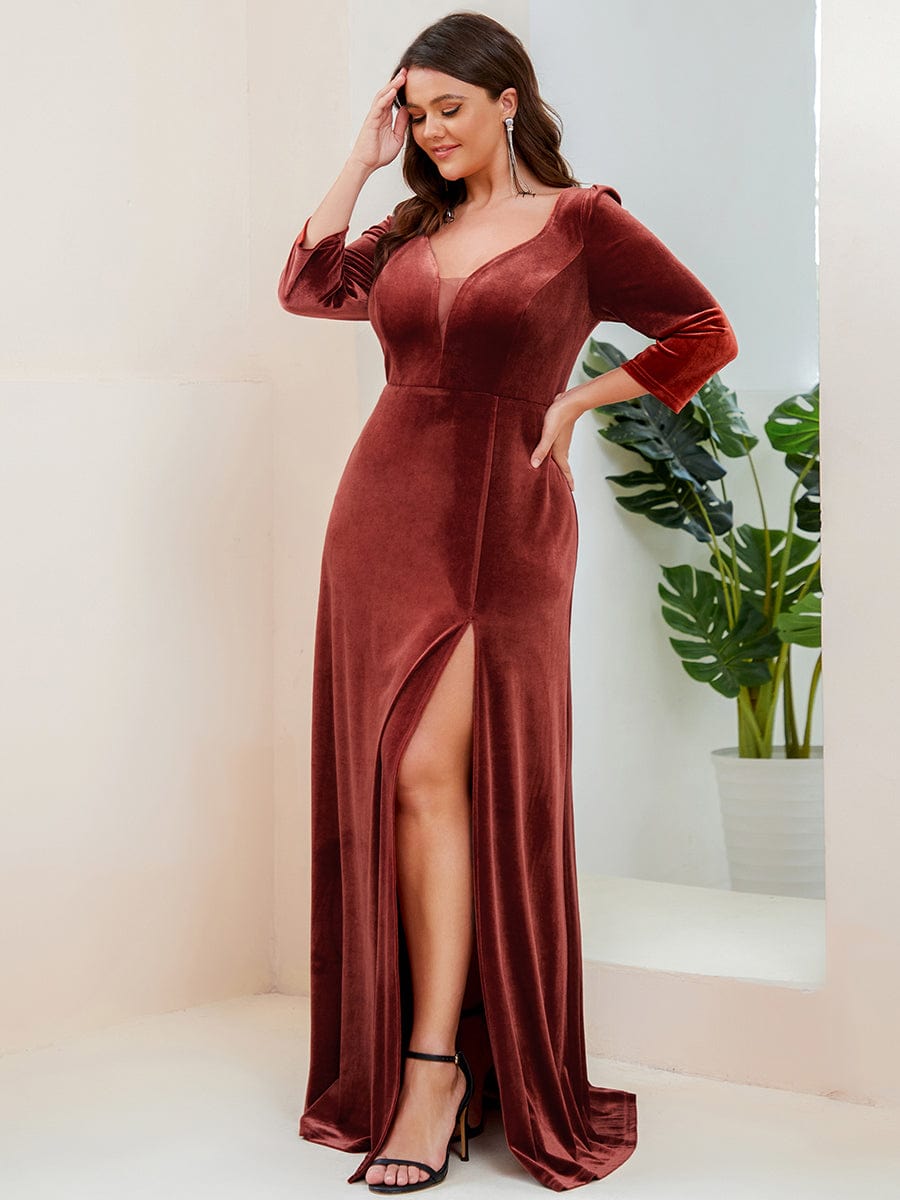 Plus Size Velvet Plunging V-Neck 3/4 Sleeve A-Line Evening Dress with Slit #Color_Brick Red