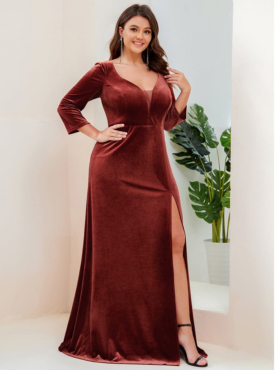 Plus Size Velvet Plunging V-Neck 3/4 Sleeve A-Line Evening Dress with Slit #Color_Brick Red
