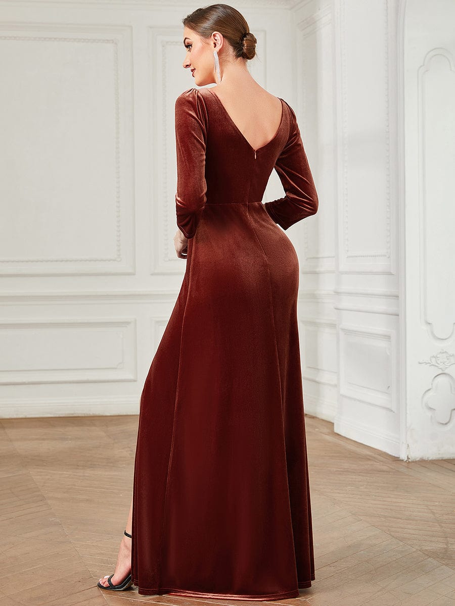 Velvet Plunging V-Neck Front Slit 3/4 Sleeve A-Line Evening Dress #Color_Brick Red