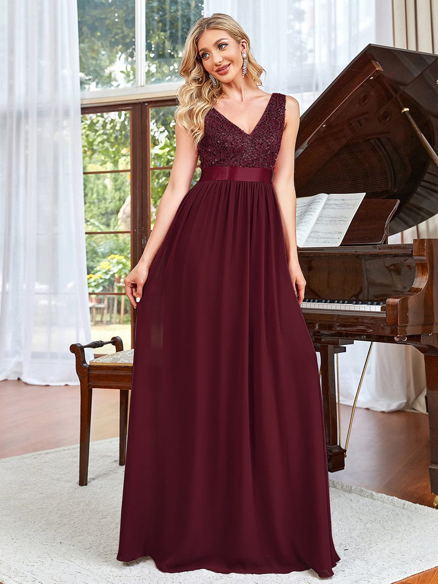 Sequins V-Neck Low Back A-Line Evening Dress #color_Burgundy