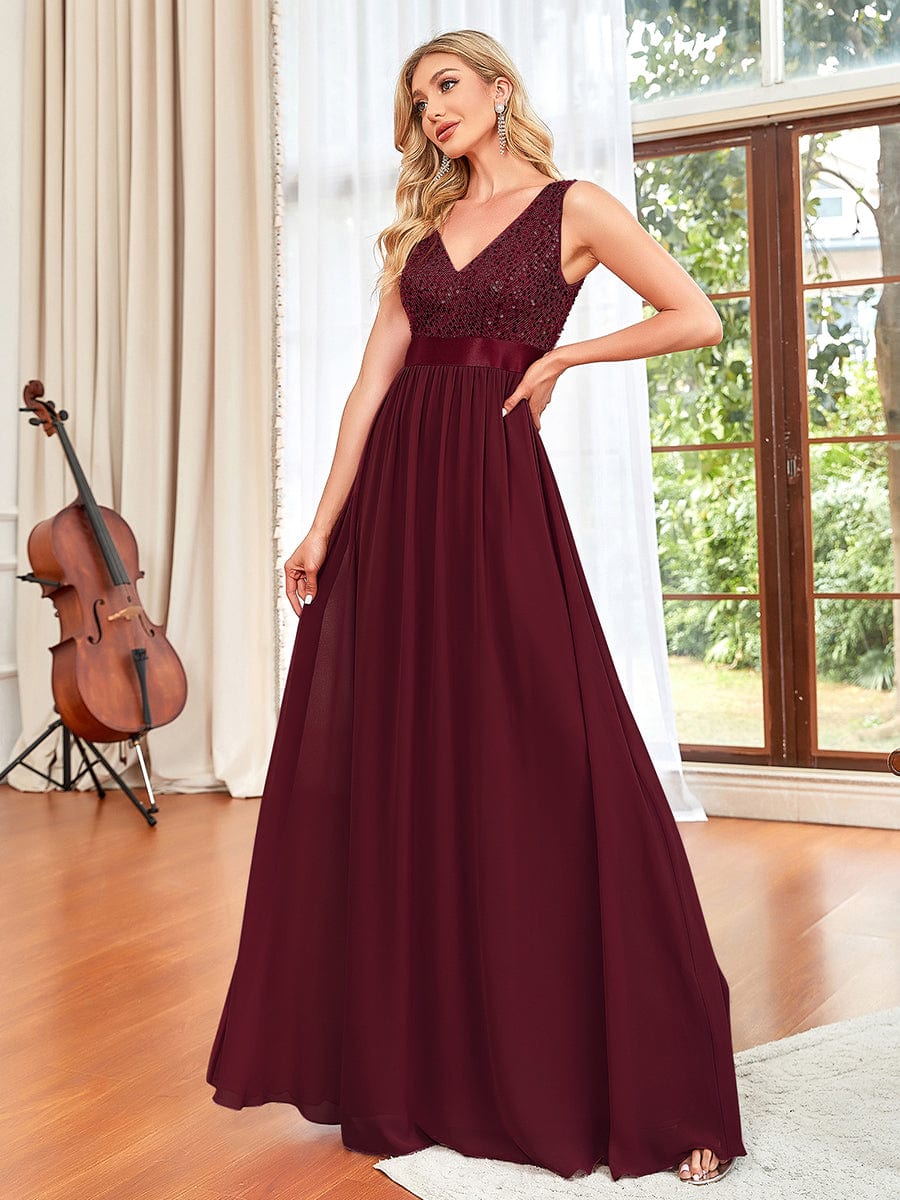 Sequins V-Neck Low Back A-Line Evening Dress #color_Burgundy