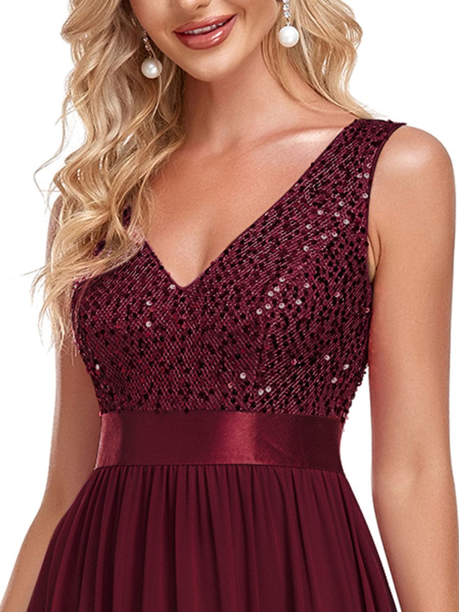 Sequins V-Neck Low Back A-Line Evening Dress #color_Burgundy