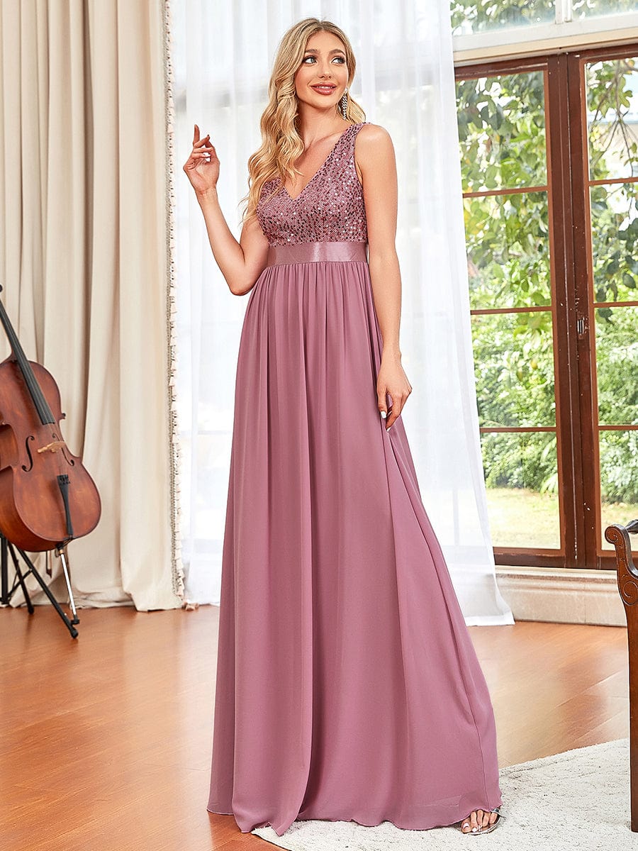 Sequins V-Neck Low Back A-Line Evening Dress #color_Purple Orchid
