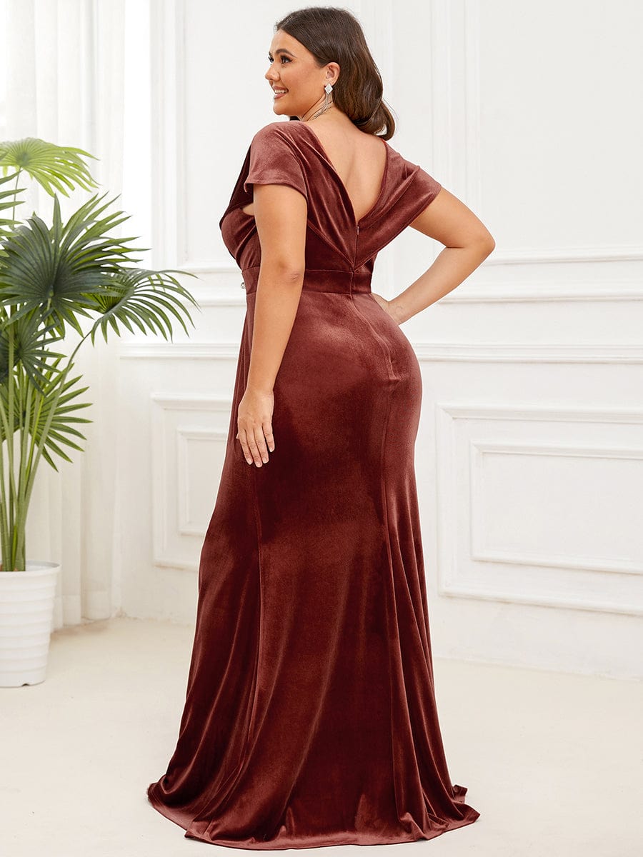 Velvet Pleated V-Neck Cap Sleeve Column Floor-Length Evening Dress #Color_Brick Red