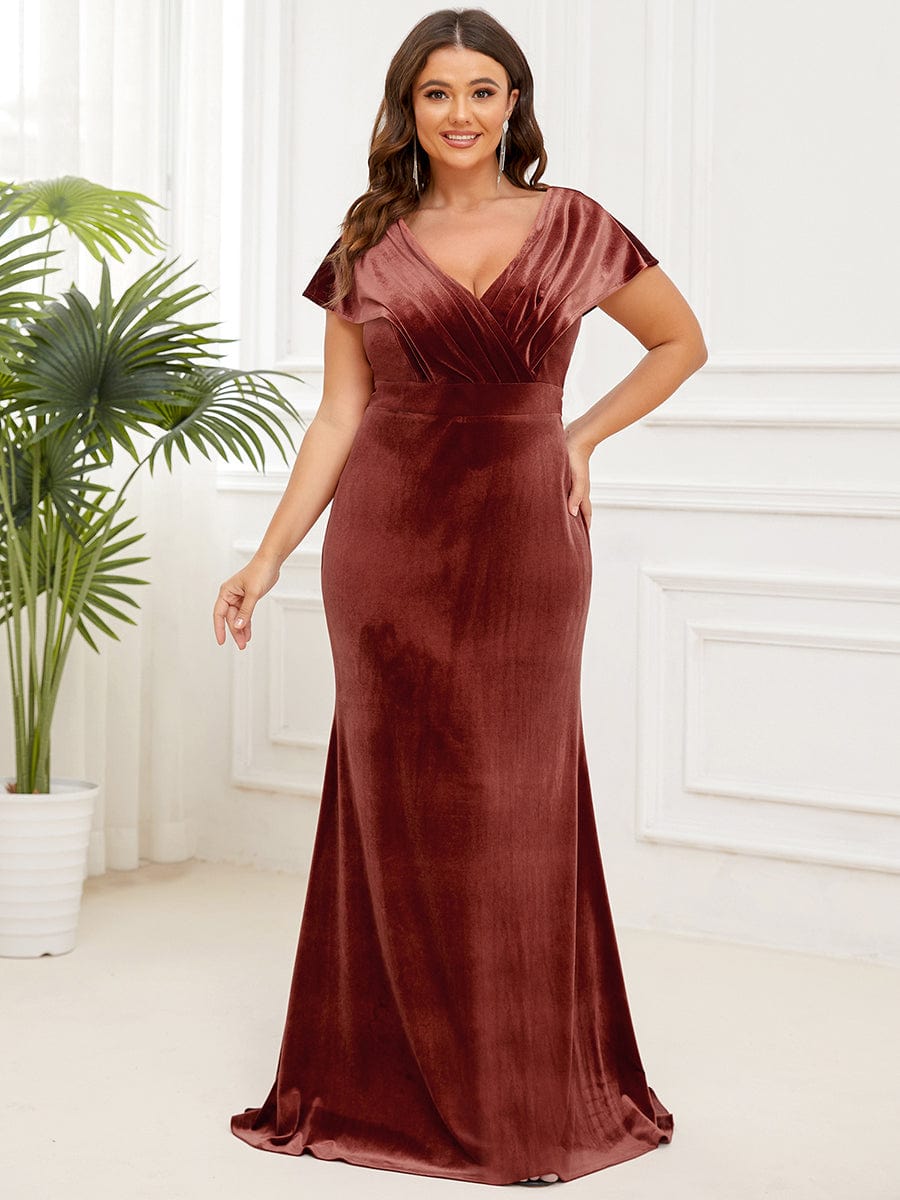 Plus Size Velvet Pleated V-Neck Cap Sleeve Column Floor-Length Evening Dress #Color_Brick Red