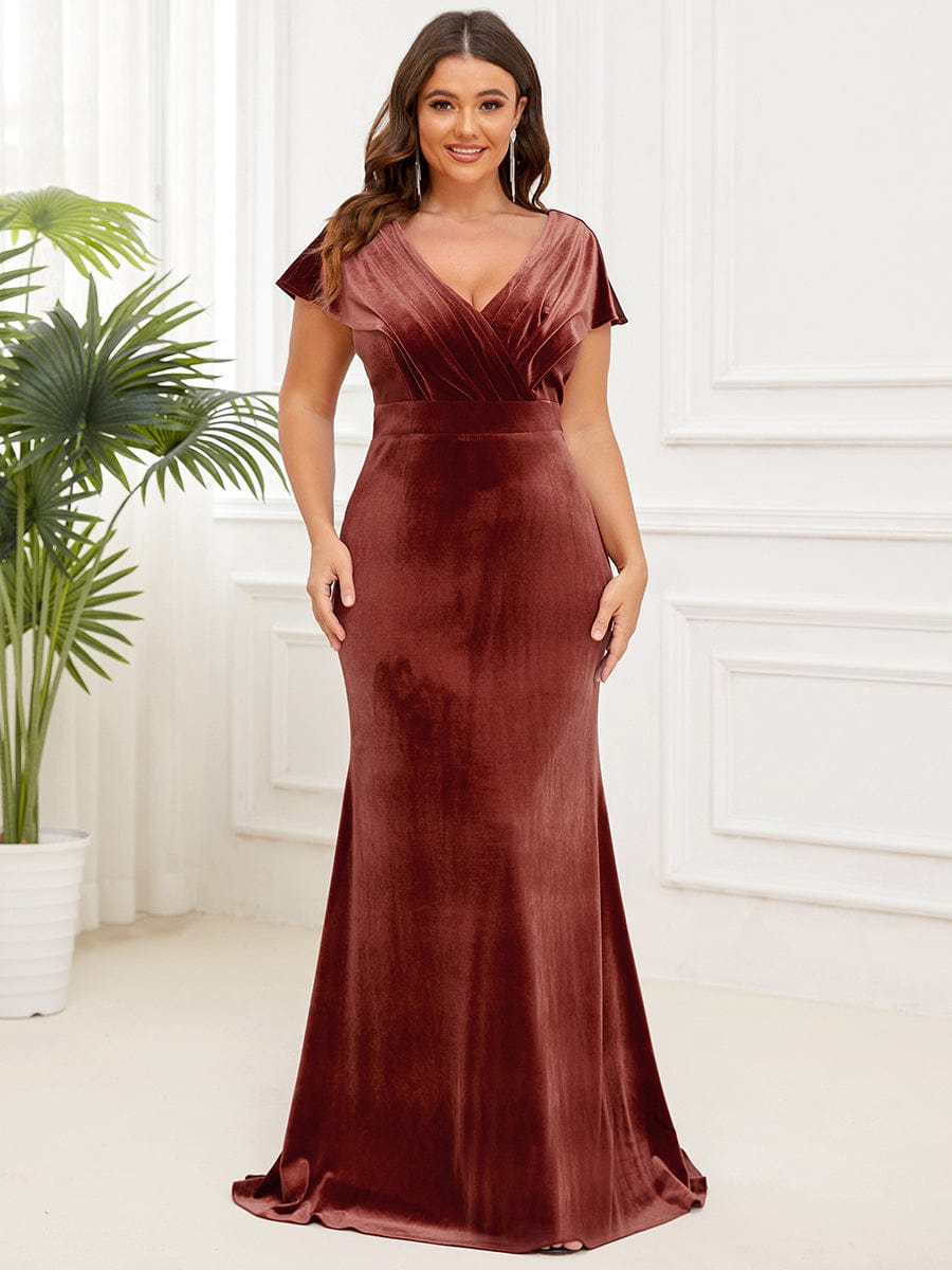 Velvet Pleated V-Neck Cap Sleeve Column Floor-Length Evening Dress #Color_Brick Red