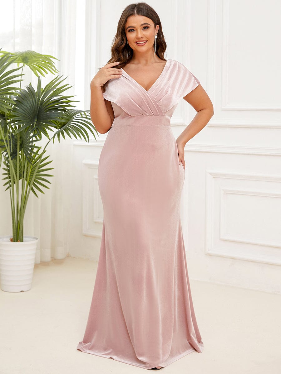 Velvet Pleated V-Neck Cap Sleeve Column Floor-Length Evening Dress #Color_Pink