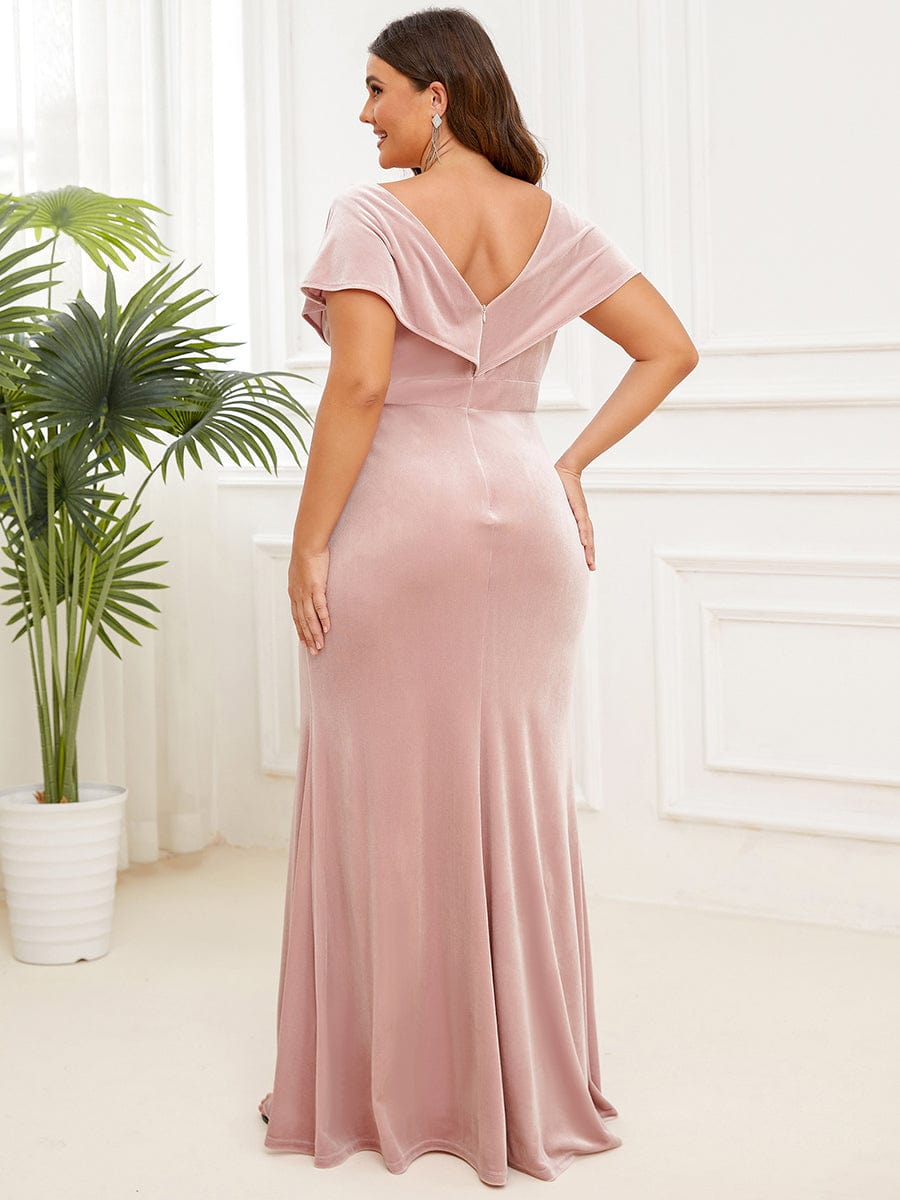 Velvet Pleated V-Neck Cap Sleeve Column Floor-Length Evening Dress #Color_Pink