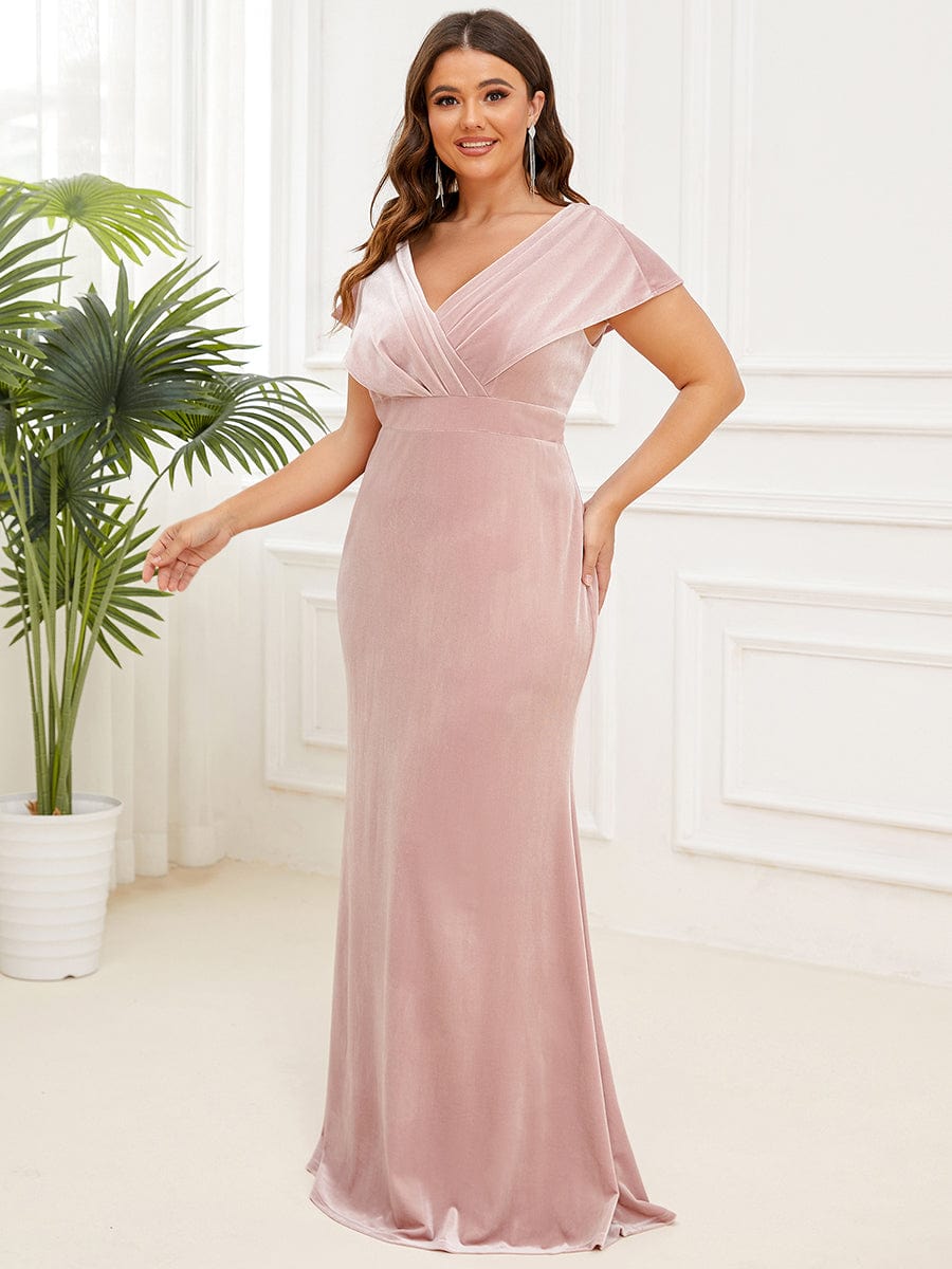 Plus Size Velvet Pleated V-Neck Cap Sleeve Column Floor-Length Evening Dress #Color_Pink